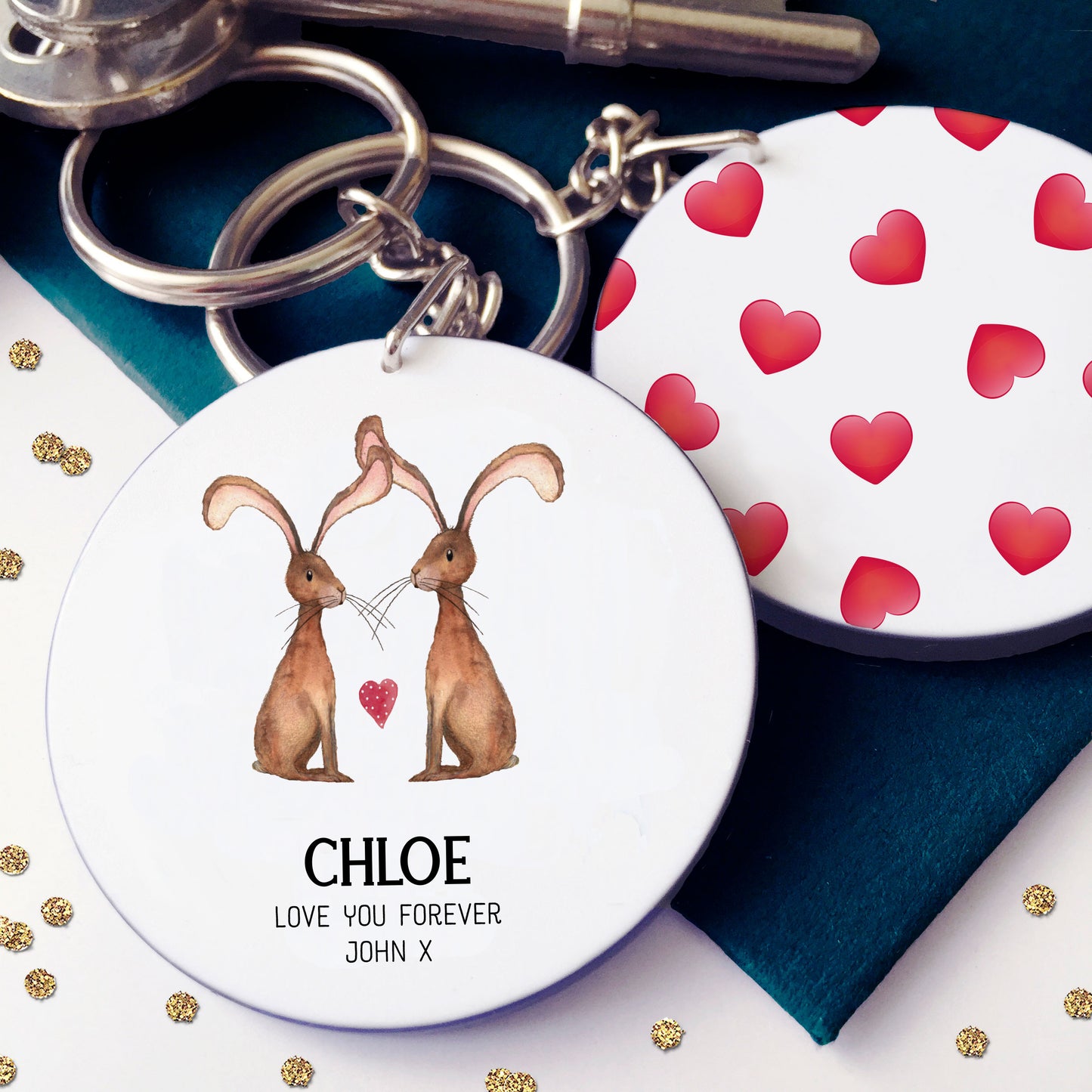 Personalised Woodland Hare Valentine Keyring